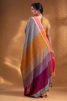 Grey Pure Cotton Woven Design soft Saree with multicolor pallu
