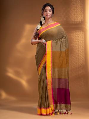 Mustard Pure Cotton Woven Design soft Saree with multicolor pallu 1