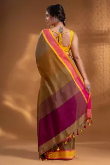 Mustard Pure Cotton Woven Design soft Saree with multicolor pallu