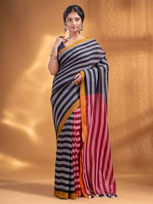 Black and Red Half & Half Pure Cotton handwoven soft Saree 2