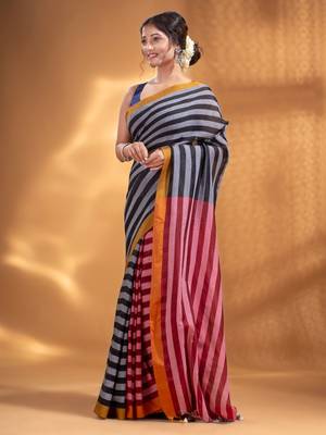 Black and Red Half & Half Pure Cotton handwoven soft Saree 3