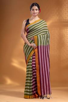 Moss Green and Maroon Half & Half Pure Cotton handwoven soft Saree