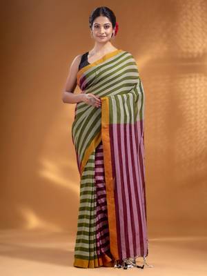 Moss Green and Maroon Half & Half Pure Cotton handwoven soft Saree 2
