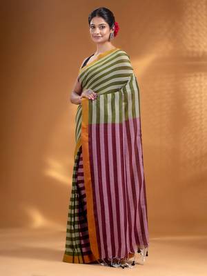 Moss Green and Maroon Half & Half Pure Cotton handwoven soft Saree 3