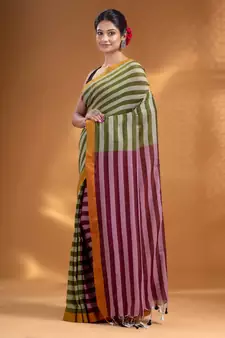 Moss Green and Maroon Half & Half Pure Cotton handwoven soft Saree