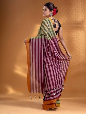 Moss Green and Maroon Half & Half Pure Cotton handwoven soft Saree 4