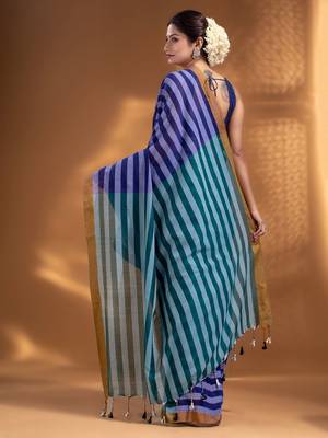 Blue and Teal Half & Half Pure Cotton handwoven soft Saree 4