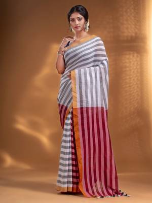 White and Red Half & Half Pure Cotton handwoven soft Saree 1