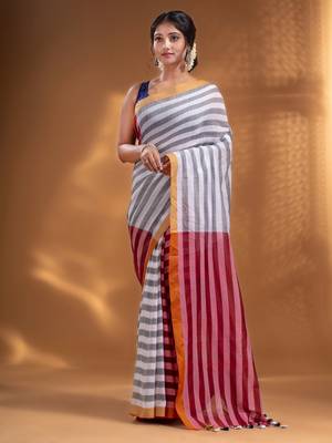 White and Red Half & Half Pure Cotton handwoven soft Saree 2