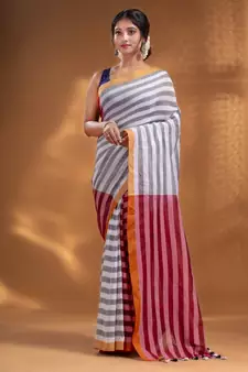 White and Red Half & Half Pure Cotton handwoven soft Saree