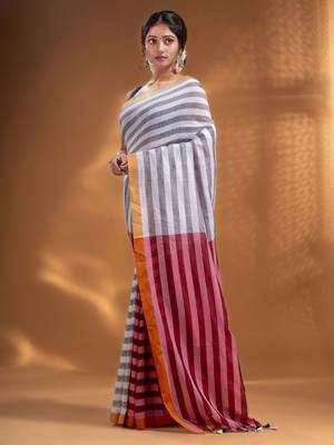 White and Red Half & Half Pure Cotton handwoven soft Saree 3