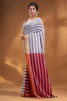 White and Red Half & Half Pure Cotton handwoven soft Saree