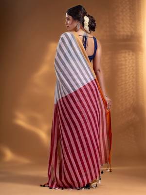 White and Red Half & Half Pure Cotton handwoven soft Saree 4