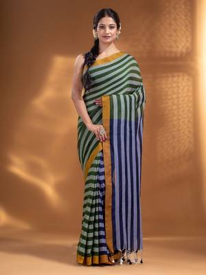 Moss Green and Navy Blue Half & Half Pure Cotton handwoven soft Saree 1