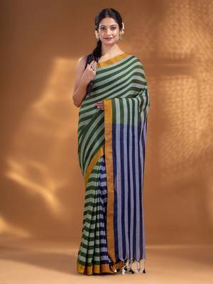 Moss Green and Navy Blue Half & Half Pure Cotton handwoven soft Saree 2