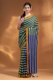 Moss Green and Navy Blue Half & Half Pure Cotton handwoven soft Saree