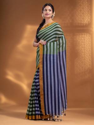Moss Green and Navy Blue Half & Half Pure Cotton handwoven soft Saree 3