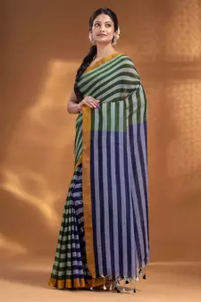 Moss Green and Navy Blue Half & Half Pure Cotton handwoven soft Saree