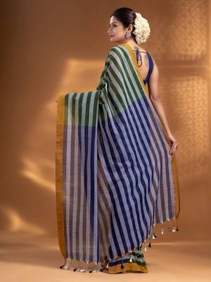Moss Green and Navy Blue Half & Half Pure Cotton handwoven soft Saree 4
