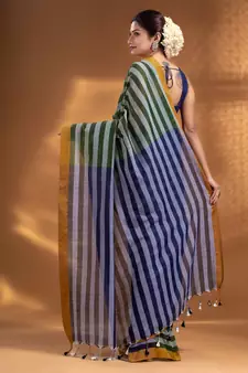 Moss Green and Navy Blue Half & Half Pure Cotton handwoven soft Saree