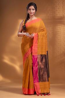 Yellow Pure Cotton Woven Design soft Saree with zari pallu