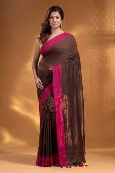 Dark Brown Pure Cotton Woven Design soft Saree with zari pallu