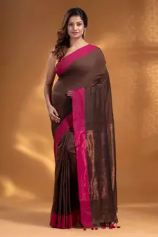 Dark Brown Pure Cotton Woven Design soft Saree with zari pallu