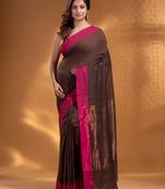 Dark Brown Pure Cotton Woven Design soft Saree with zari pallu