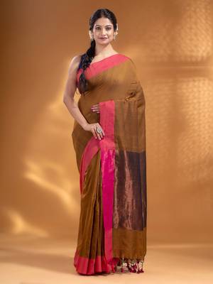 Peanut Brown Pure Cotton Woven Design soft Saree with zari pallu 1
