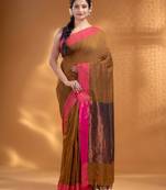 Peanut Brown Pure Cotton Woven Design soft Saree with zari pallu
