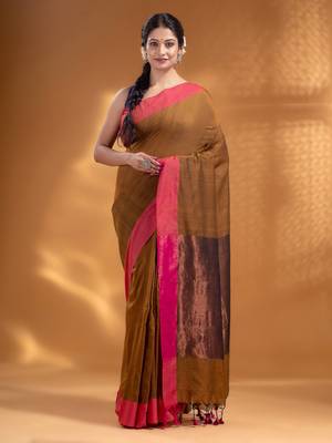 Peanut Brown Pure Cotton Woven Design soft Saree with zari pallu 2