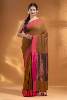 Peanut Brown Pure Cotton Woven Design soft Saree with zari pallu