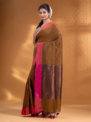 Peanut Brown Pure Cotton Woven Design soft Saree with zari pallu 3
