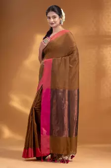 Peanut Brown Pure Cotton Woven Design soft Saree with zari pallu