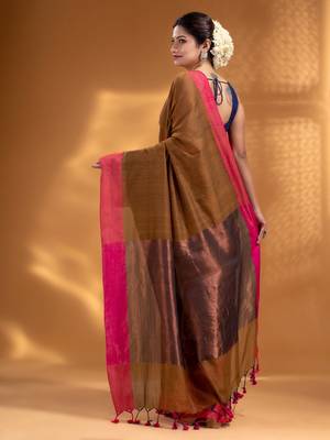 Peanut Brown Pure Cotton Woven Design soft Saree with zari pallu 4