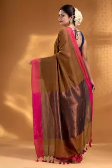 Peanut Brown Pure Cotton Woven Design soft Saree with zari pallu
