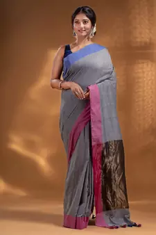 Grey Pure Cotton Woven Design soft Saree with zari pallu