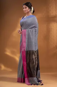 Grey Pure Cotton Woven Design soft Saree with zari pallu