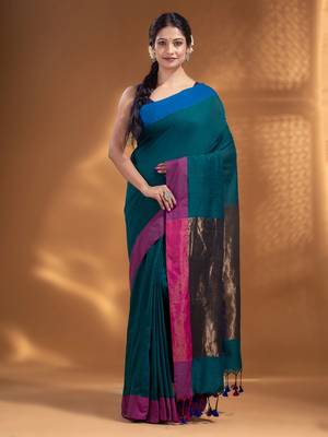 Teal Pure Cotton Woven Design soft Saree with zari pallu 1