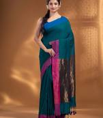 Teal Pure Cotton Woven Design soft Saree with zari pallu