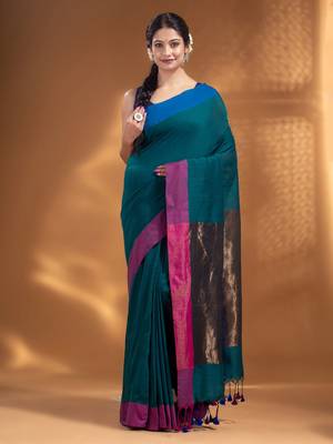 Teal Pure Cotton Woven Design soft Saree with zari pallu 2