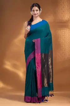 Teal Pure Cotton Woven Design soft Saree with zari pallu