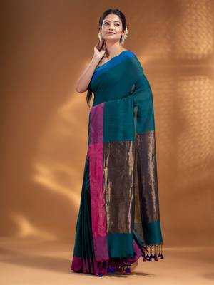 Teal Pure Cotton Woven Design soft Saree with zari pallu 3
