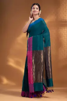 Teal Pure Cotton Woven Design soft Saree with zari pallu