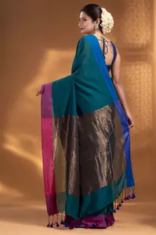 Teal Pure Cotton Woven Design soft Saree with zari pallu