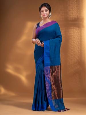 Blue Pure Cotton Woven Design soft Saree with zari pallu 1