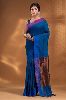 Blue Pure Cotton Woven Design soft Saree with zari pallu