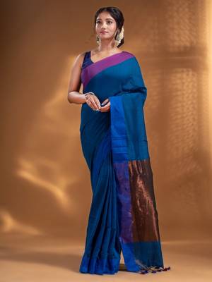 Blue Pure Cotton Woven Design soft Saree with zari pallu 2
