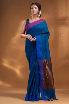 Blue Pure Cotton Woven Design soft Saree with zari pallu