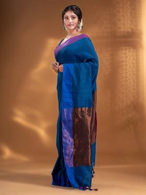 Blue Pure Cotton Woven Design soft Saree with zari pallu 3